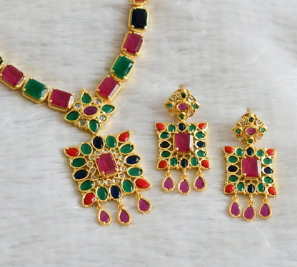 Gold tone navarathna block stone necklace set dj-47656