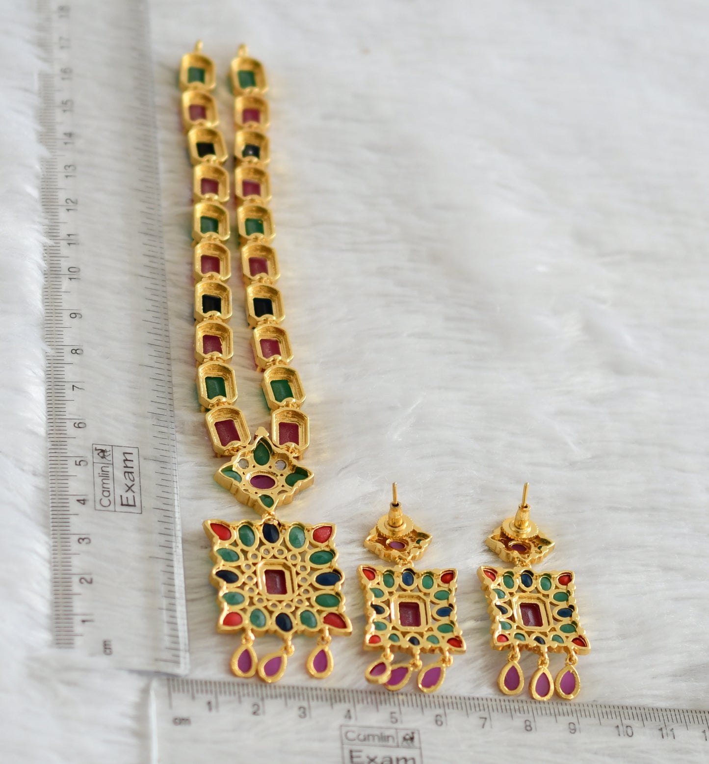 Gold tone navarathna block stone necklace set dj-47656