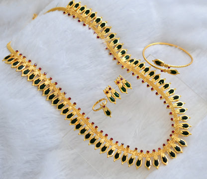 Gold tone pink-green Nagapadam Kerala style haar combo set dj-39347