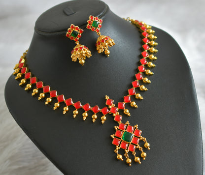 Gold tone semi precious red-green block stone necklace set dj-47659