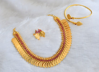 Gold tone ad pink stone Lakshmi coin necklace set with kada dj-39655