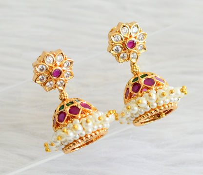 Gold tone ruby-green-white-pearl flower jhumkka dj-44273