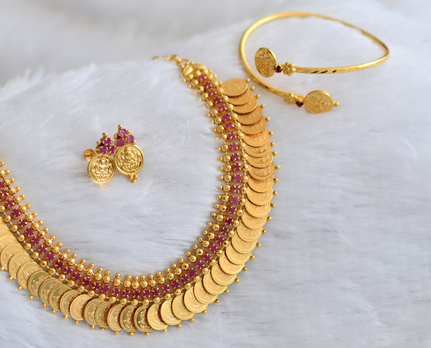 Gold tone ad pink stone Lakshmi coin necklace set with kada dj-39655