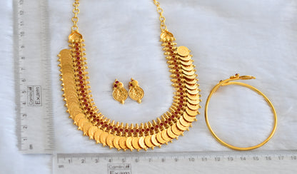 Gold tone ad pink stone Lakshmi coin necklace set with kada dj-39655