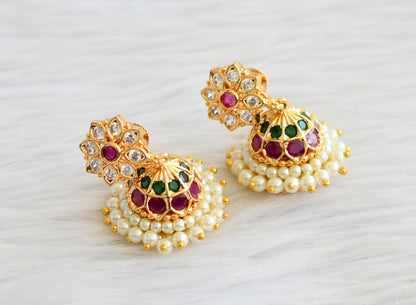 Gold tone ruby-green-white-pearl flower jhumkka dj-44273