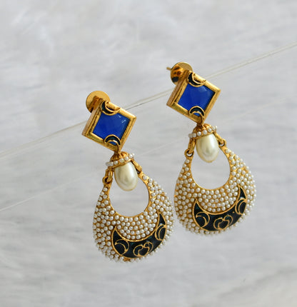 Antique gold tone blue-pearl meenakari earrings dj-46052