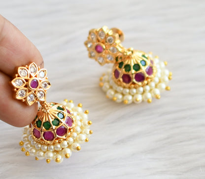 Gold tone ruby-green-white-pearl flower jhumkka dj-44273