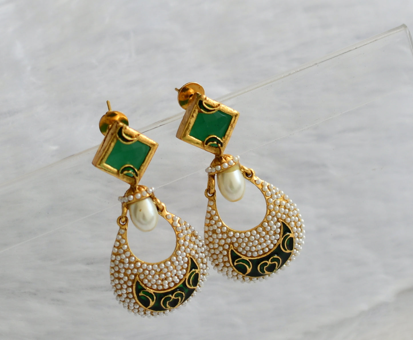 Antique gold tone green-pearl meenakari earrings dj-46053