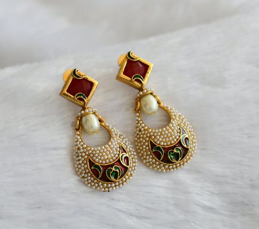 Antique gold tone red-green-pearl meenakari earrings dj-46051