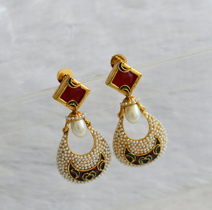 Antique gold tone red-green-pearl meenakari earrings dj-46051