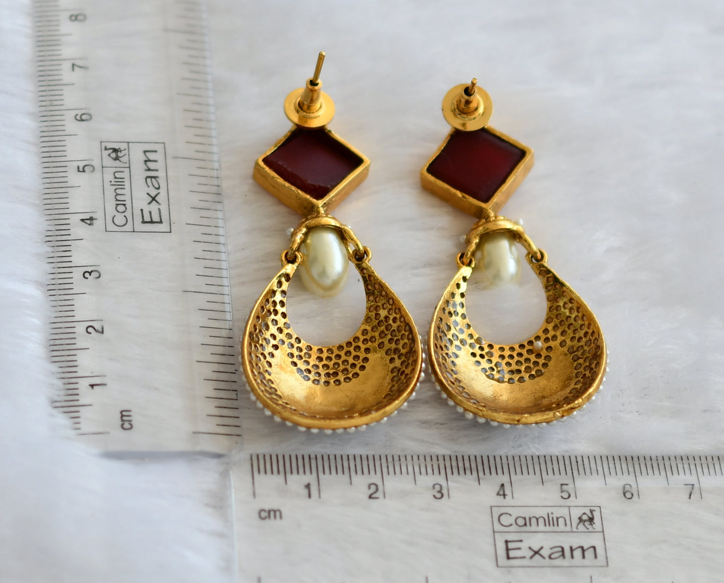 Antique gold tone red-green-pearl meenakari earrings dj-46051