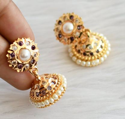 Gold tone south indian ad purple-white stone pearl jhumkka dj-44278
