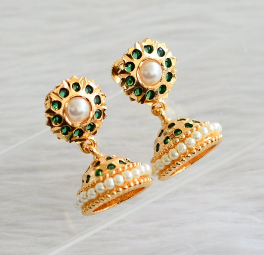Gold tone south indian ad green stone pearl jhumkka dj-44280