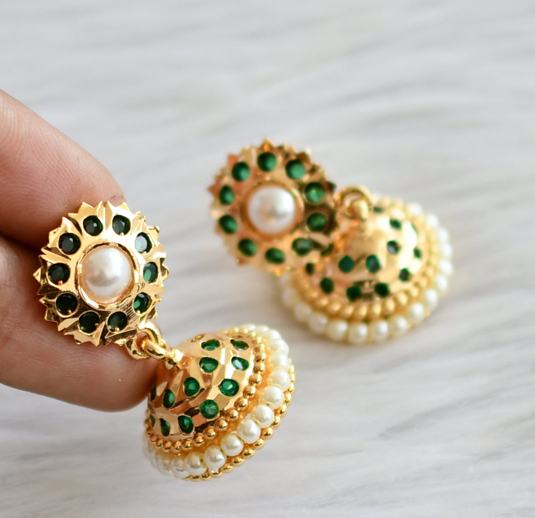 Gold tone south indian ad green stone pearl jhumkka dj-44280