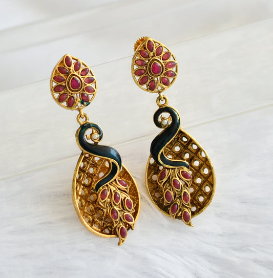 Antique gold tone red-blue peacock earrings dj-46058