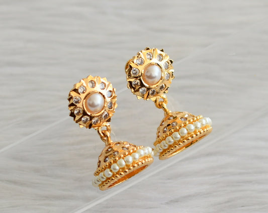 Gold tone south indian ad white stone pearl jhumkka dj-44279