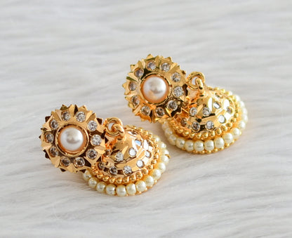 Gold tone south indian ad white stone pearl jhumkka dj-44279