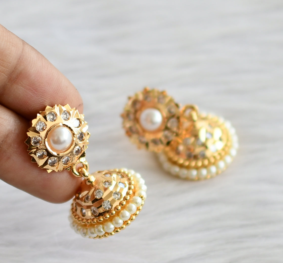 Gold tone south indian ad white stone pearl jhumkka dj-44279