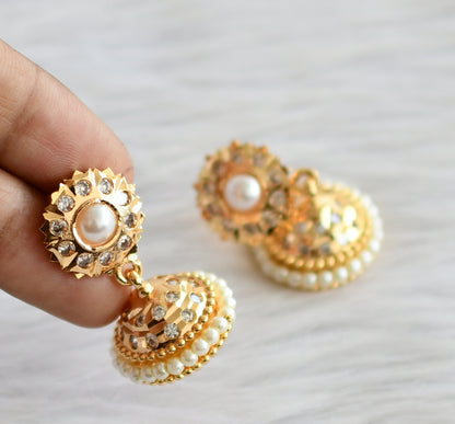 Gold tone south indian ad white stone pearl jhumkka dj-44279