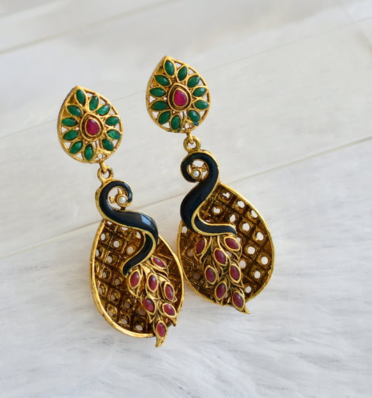 Antique gold tone red-green-blue peacock earrings dj-46057