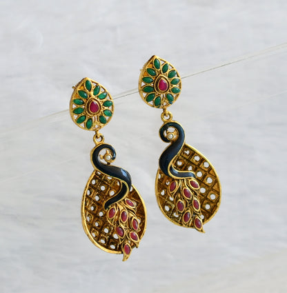 Antique gold tone red-green-blue peacock earrings dj-46057