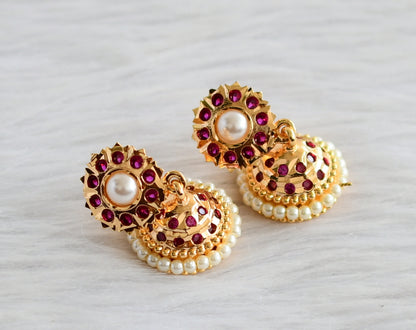 Gold tone south indian ad pink stone pearl jhumkka dj-44281