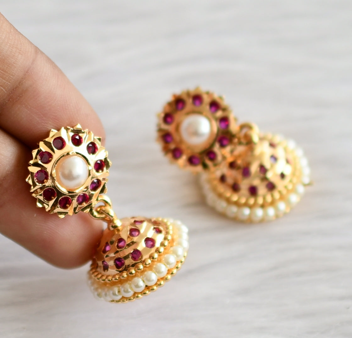Gold tone south indian ad pink stone pearl jhumkka dj-44281