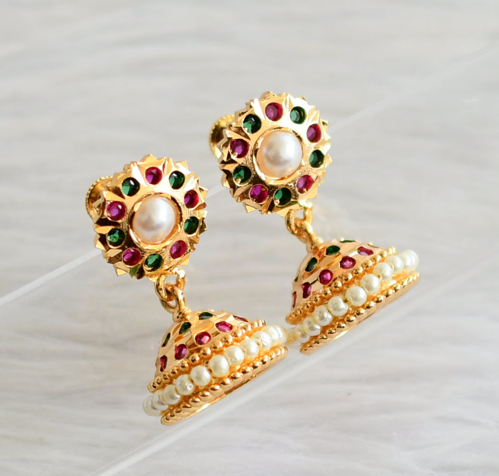 Gold tone south indian ad pink-green stone pearl jhumkka dj-44282