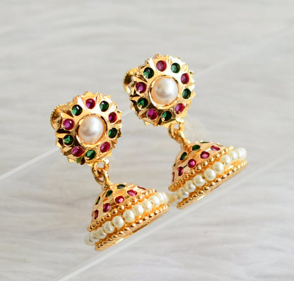 Gold tone south indian ad pink-green stone pearl jhumkka dj-44282