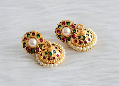 Gold tone south indian ad pink-green stone pearl jhumkka dj-44282