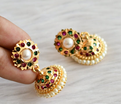 Gold tone south indian ad pink-green stone pearl jhumkka dj-44282