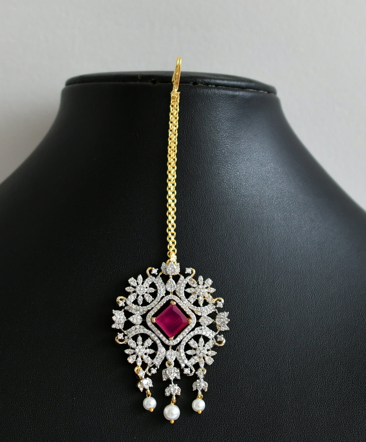 Two tone cz ruby-pearl 2 in 1 pendant set with kanti chain dj-49498