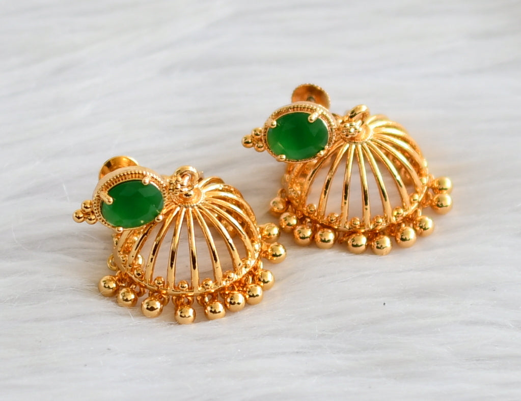 Gold tone emerald oval stone jhumkka dj-44292