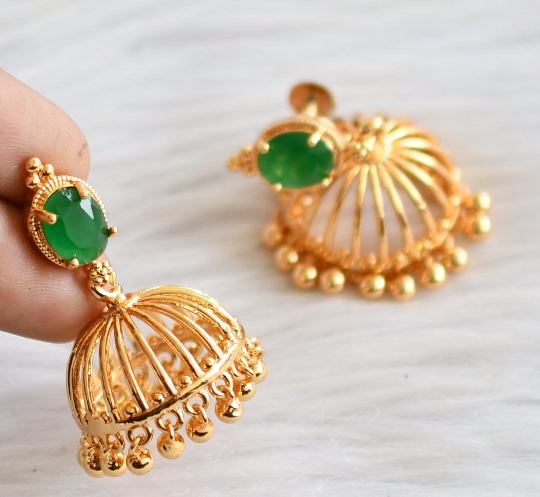 Gold tone emerald oval stone jhumkka dj-44292