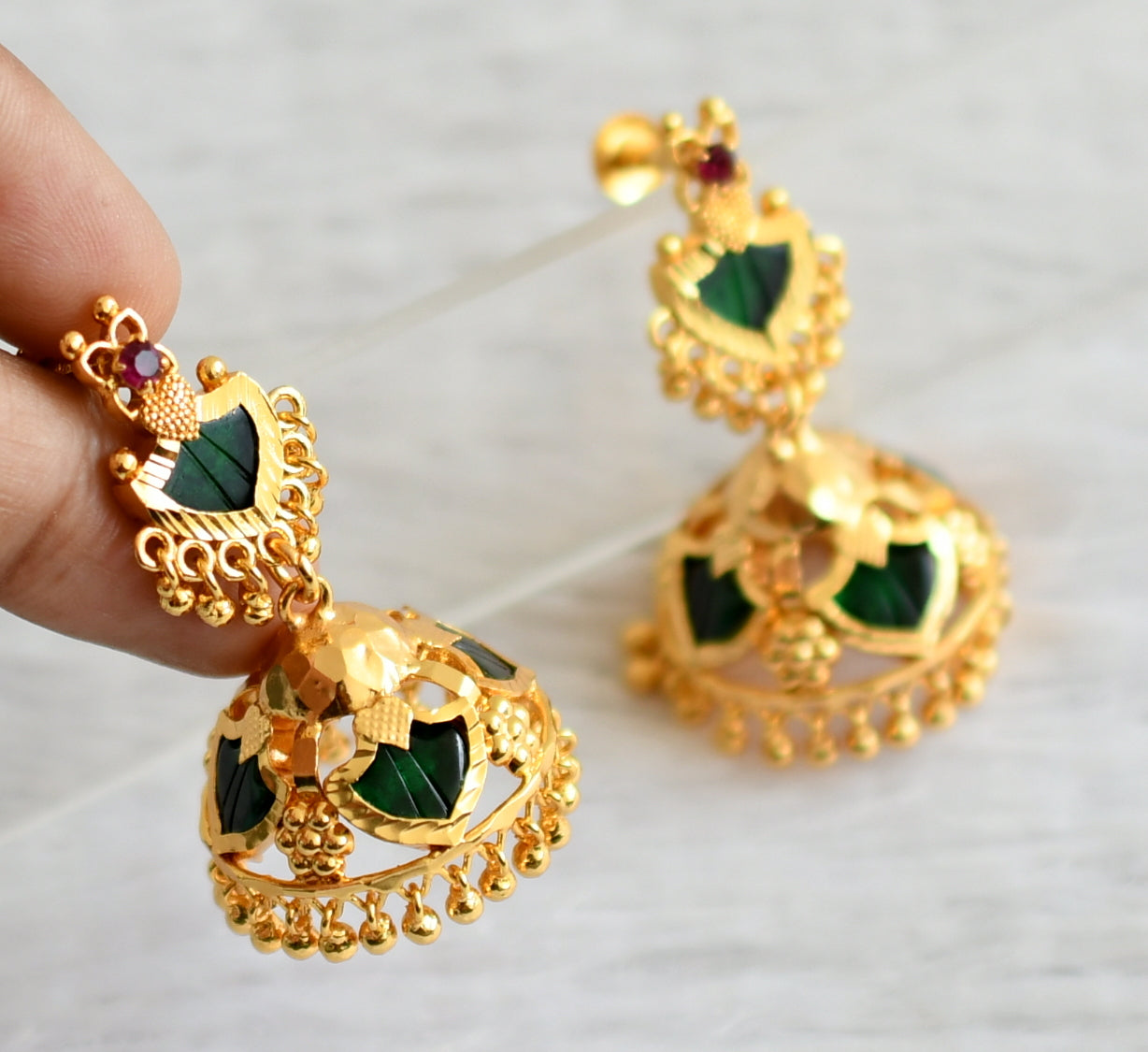 Gold tone kerala style green palakka jhumkka dj-47676