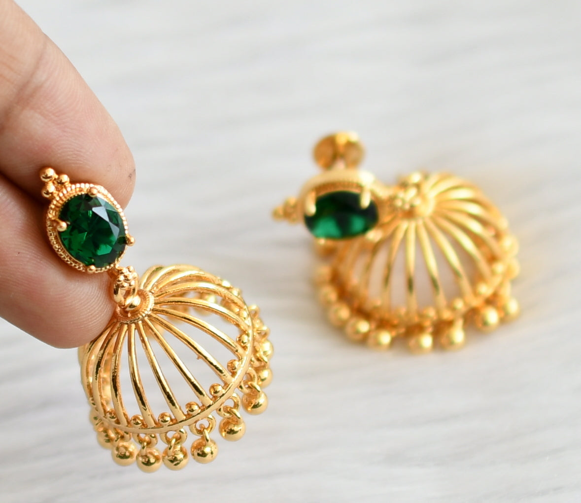 Gold tone bottle green oval stone jhumkka dj-44293