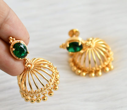 Gold tone bottle green oval stone jhumkka dj-44293