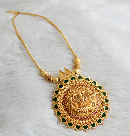 Gold tone kerala style pink green palakka lakshmi peacock big round pendant necklace dj-47669