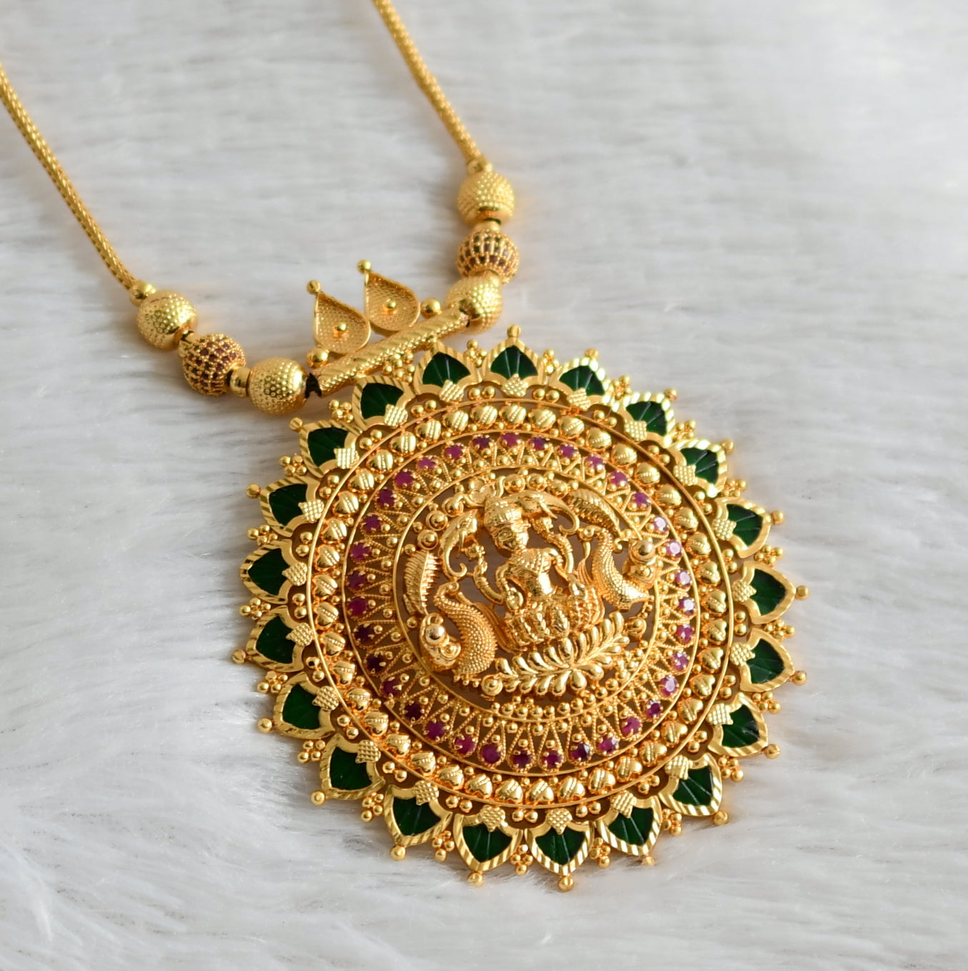 Gold tone kerala style pink green palakka lakshmi peacock big round pendant necklace dj-47669