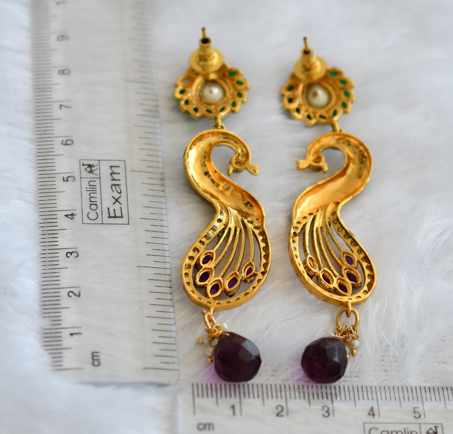 Antique gold tone green-blue-purple peral peacock long earrings dj-46062