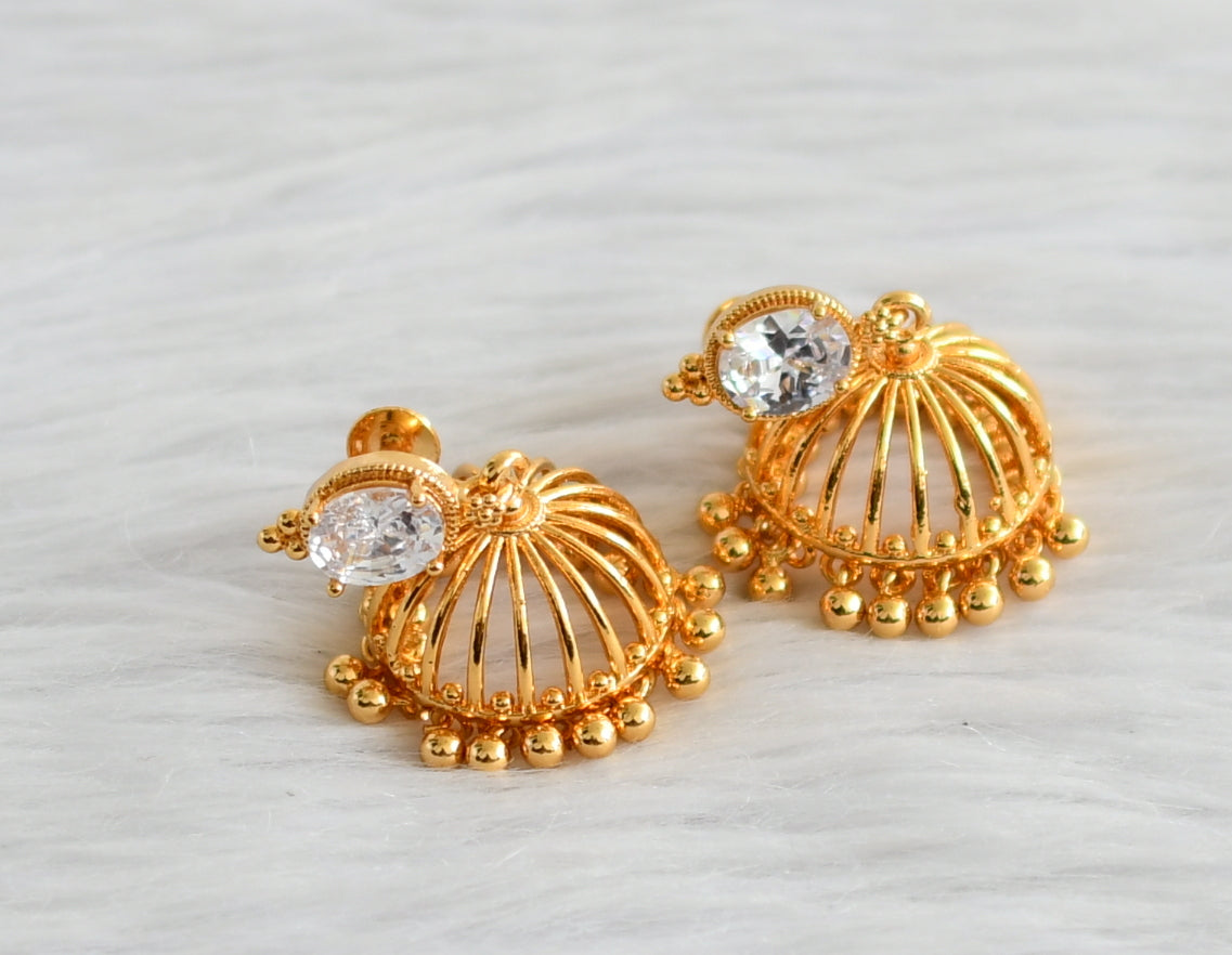 Gold tone white oval stone jhumkka dj-44285