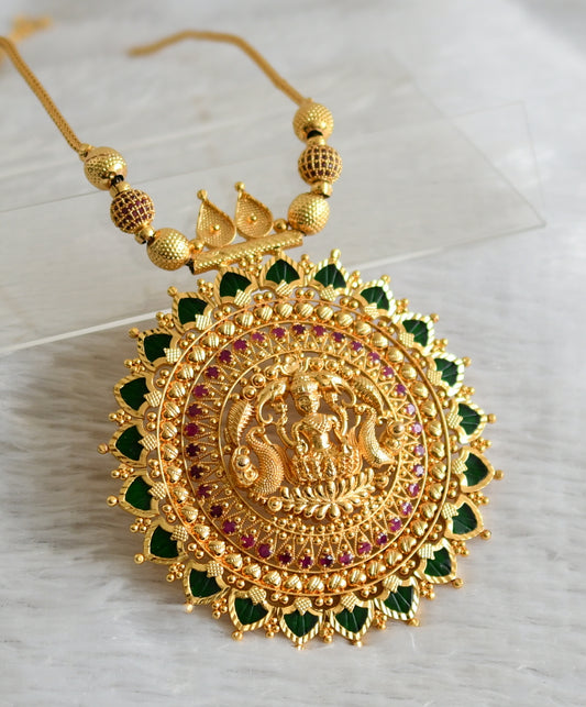 Gold tone kerala style pink green palakka lakshmi peacock big round pendant necklace dj-47669