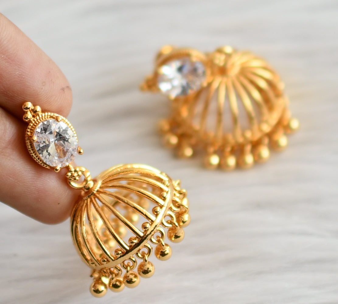 Gold tone white oval stone jhumkka dj-44285