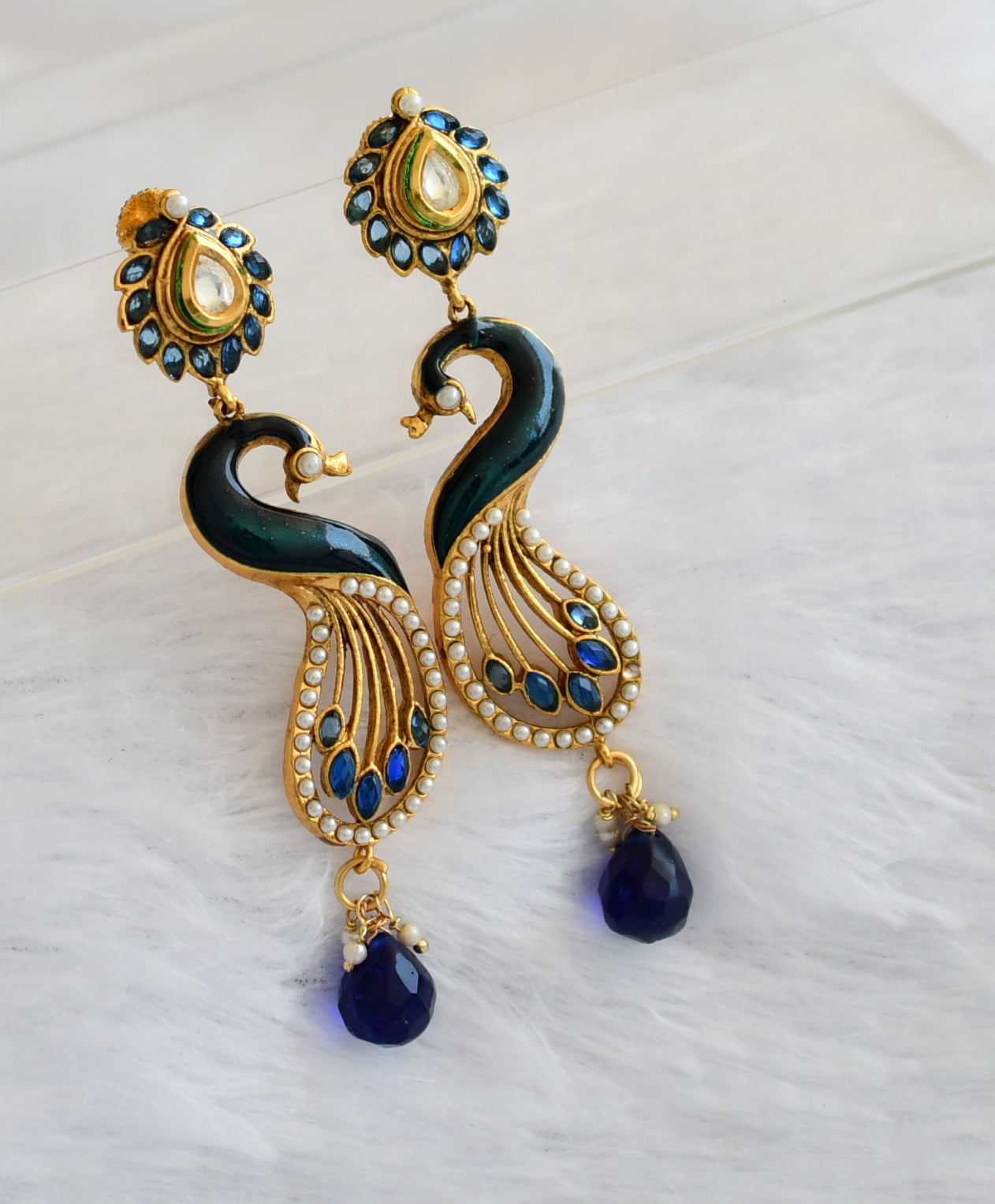 Antique gold tone blue-pearl peacock long earrings dj-46061