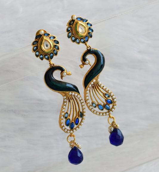 Antique gold tone blue-pearl peacock long earrings dj-46061