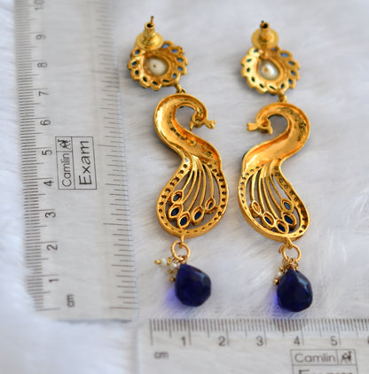 Antique gold tone blue-pearl peacock long earrings dj-46061