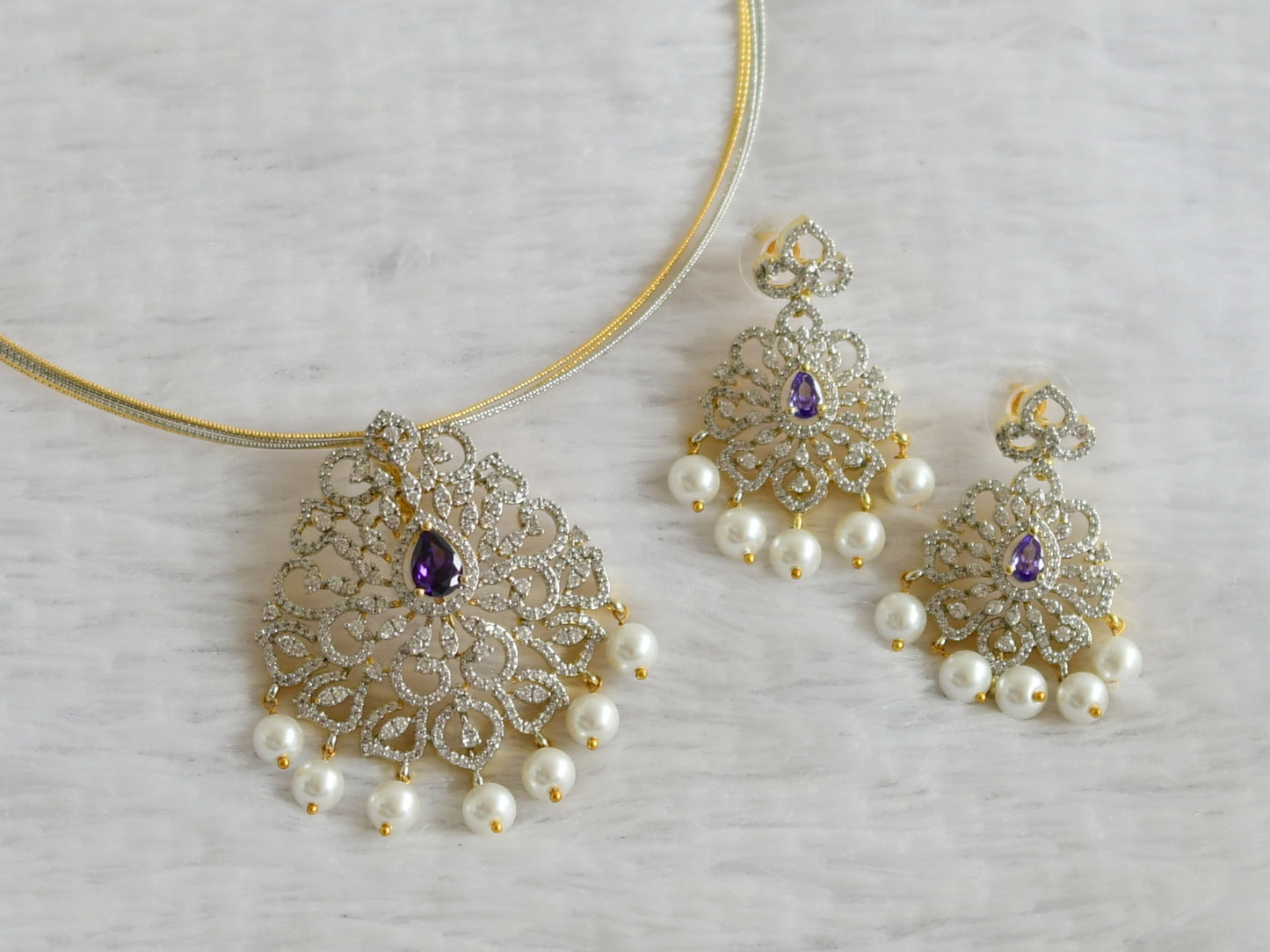 Two tone cz-purple-pearl beaded pendant set with kanti chain dj-49502