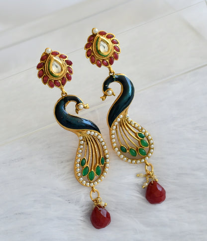 Antique gold tone maroon-blue-green pearl peacock long earrings dj-46063