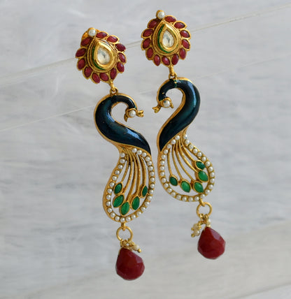 Antique gold tone maroon-blue-green pearl peacock long earrings dj-46063