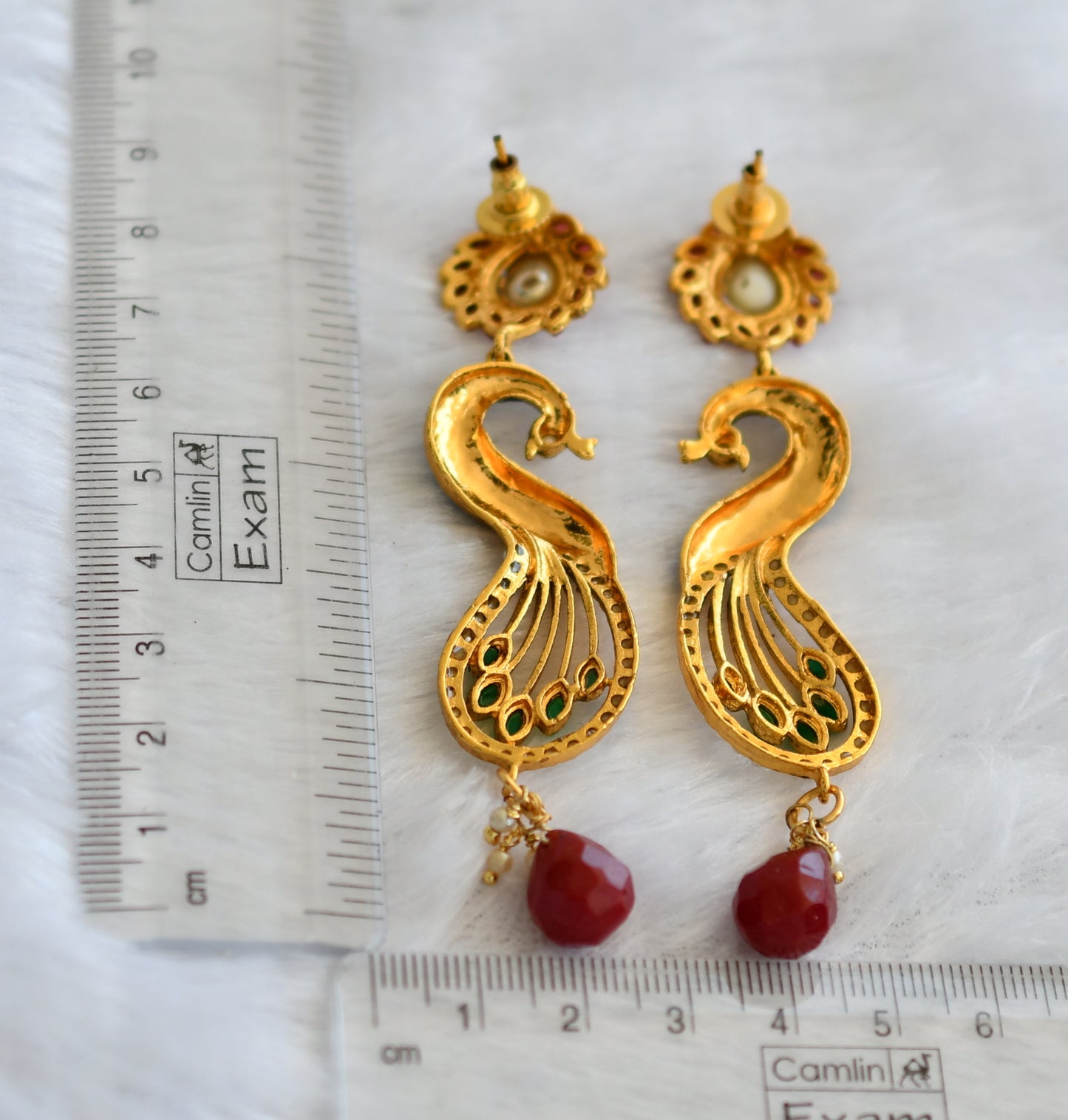 Antique gold tone maroon-blue-green pearl peacock long earrings dj-46063